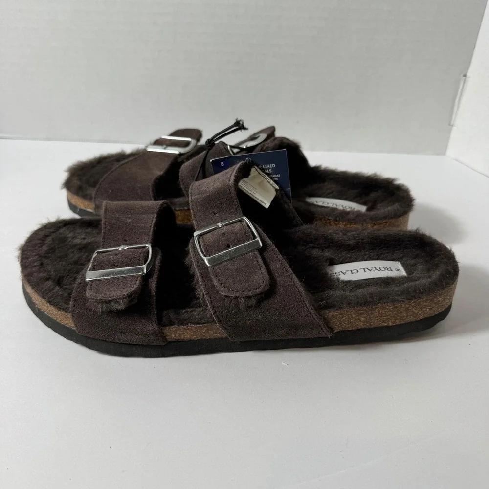 Royal Class Mens‎ Faux Fur Lined Footbed Sandals Brown Buckle Slides Size 8 NEW